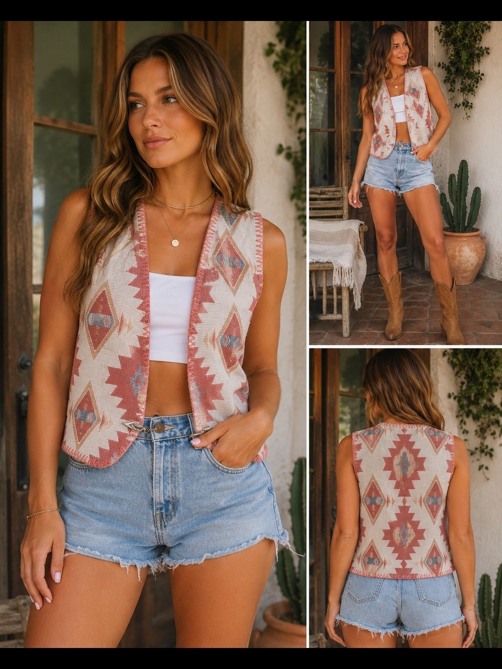 NWOT Longhorn Cream Western Vest - Cream And Rust With Blue Accents.